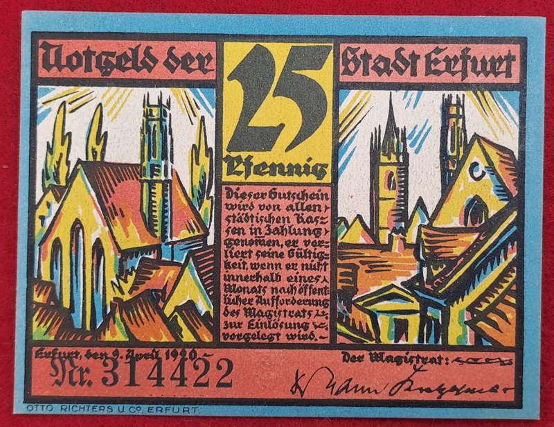 RARE!! 1920- 25 Pfennigs   German notgeld  Saxony, Prussian province of  Erfurt  -Emergency Money