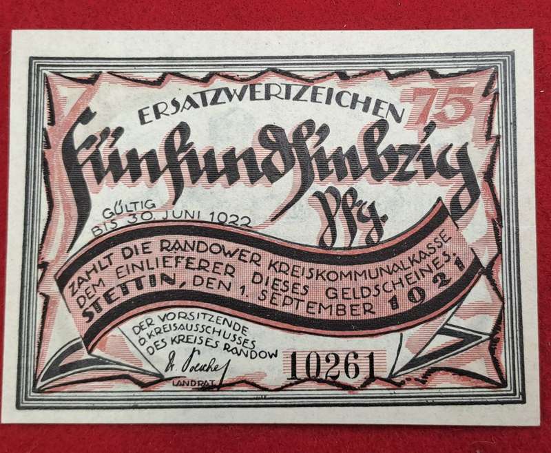 RARE!! 1921- 75 Pfennigs German notgeld  Pomerania, Prussian province of  Rand -Emergency Money