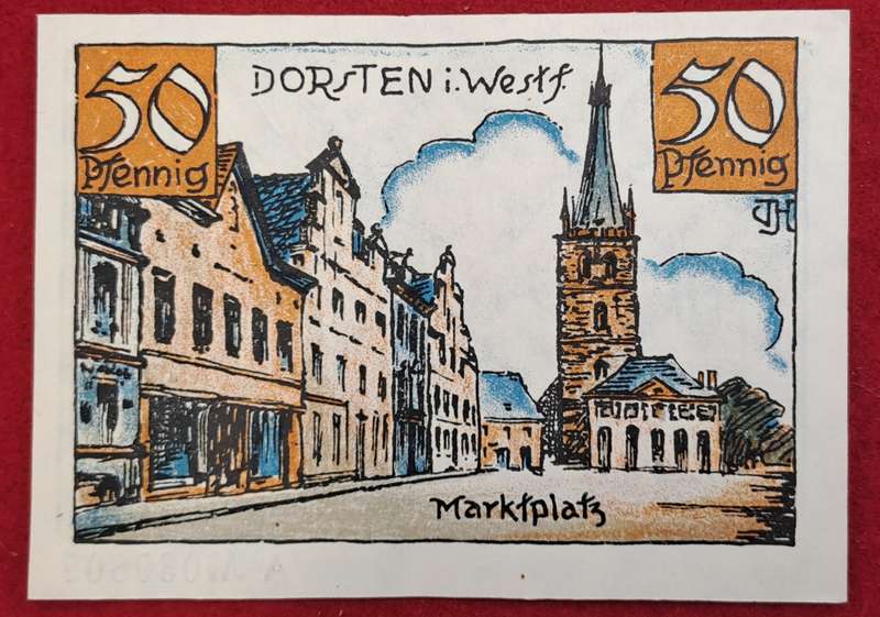 RARE!! 1921  50 Pf German notgeld  Westphalia, Prussian province of  Dorsten-Emergency Money