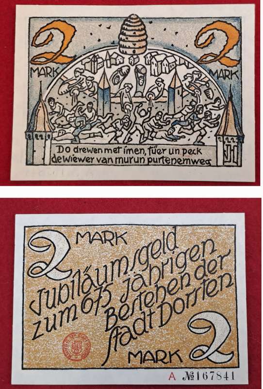RARE!! 1921- 2 Mark German notgeld  Westphalia, Prussian province of  Dorsten-Emergency Money