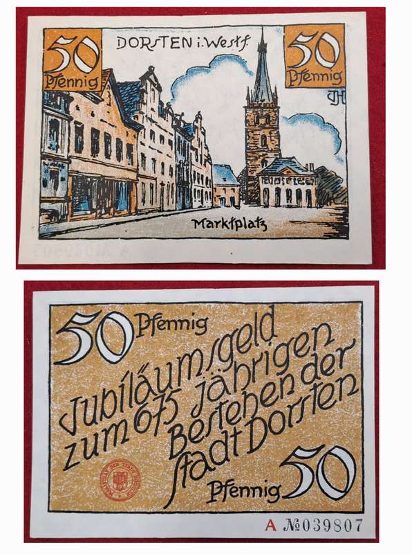 RARE!! 1921  50 Pf German notgeld  Westphalia, Prussian province of  Dorsten-Emergency Money