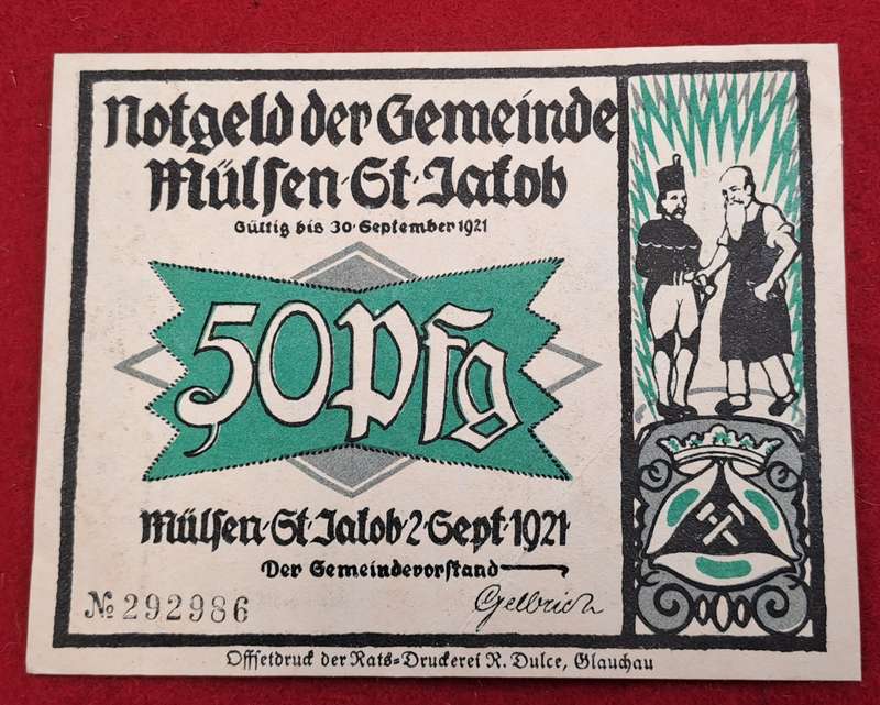 RARE!! 1921- 50 Pfennigs German notgeld  Saxony, Federal state of  Mülsen-Sankt  -Emergency Money