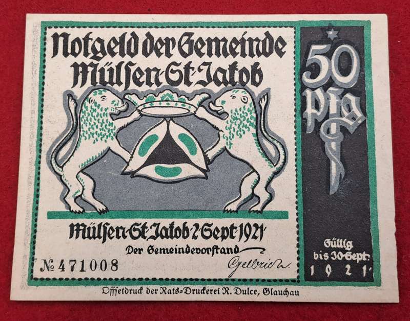 RARE!! 1921- 50 Pfennigs German notgeld  Saxony, Federal state of  Mülsen-Sankt  -Emergency Money