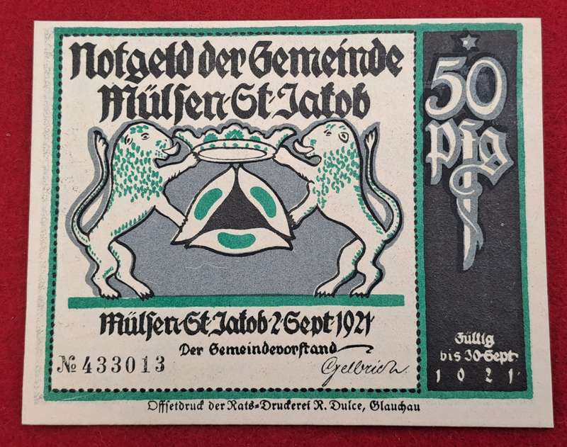 RARE!! 1921- 50 Pfennigs German notgeld  Saxony, Federal state of  Mülsen-Sankt  -Emergency Money