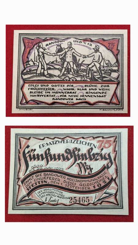 RARE!! 1921- 75 Pfennigs German notgeld  Pomerania, Prussian province of  Rand -Emergency Money