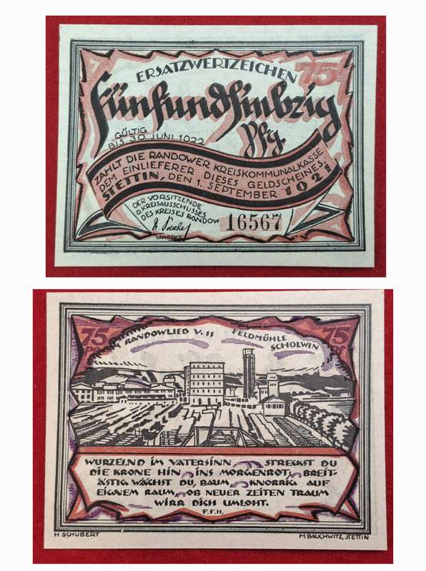 RARE!! 1921- 75 Pfennigs German notgeld  Pomerania, Prussian province of  Rand -Emergency Money