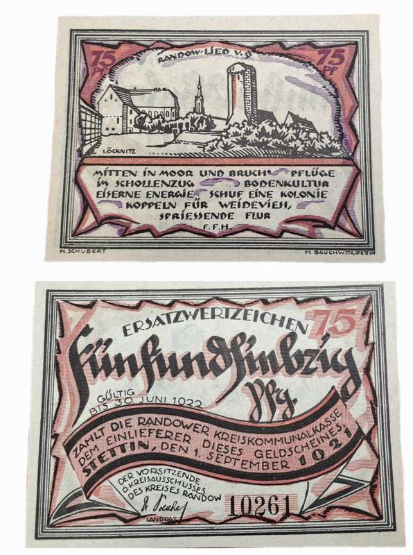 RARE!! 1921- 75 Pfennigs German notgeld  Pomerania, Prussian province of  Rand -Emergency Money