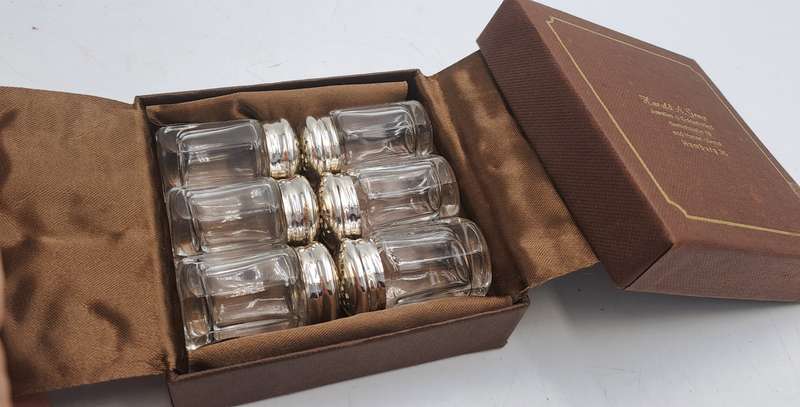 6 Unused Salt Shakers with .925 Sterling Silver Caps Boxed Harald A.Gemp Juwelers Hamburg