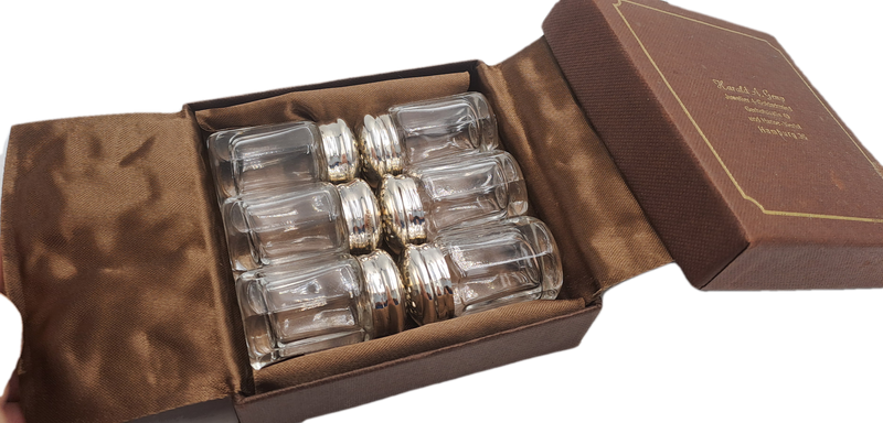 6 Unused Salt Shakers with .925 Sterling Silver Caps Boxed Harald A.Gemp Juwelers Hamburg