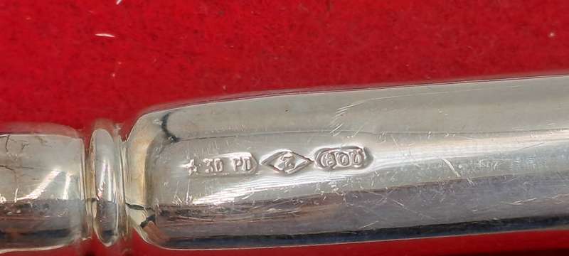 2 INOX Designer Butter knifes with .800 SILVER Handles in Bag