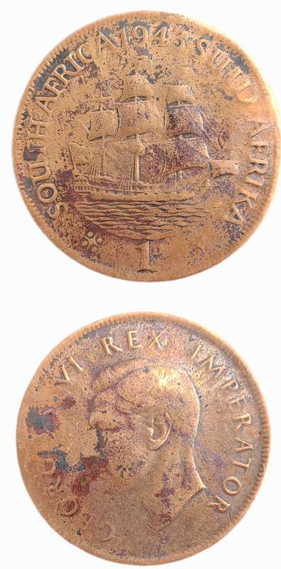 1943 South Africa 1 Penny - George VI Rex Imperator