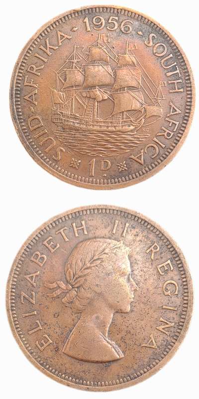 1956-  South Africa  1 Penny - Elizabeth II 1st portrait