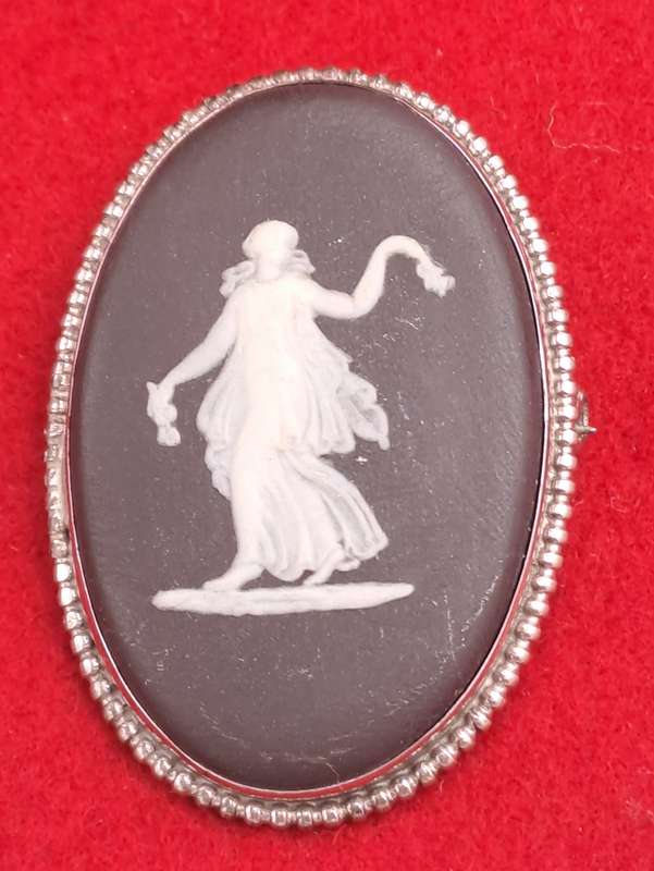 Vintage Black Wedgwood Classical Dancing Maiden Motif Brooch With Sterling Silver Frame