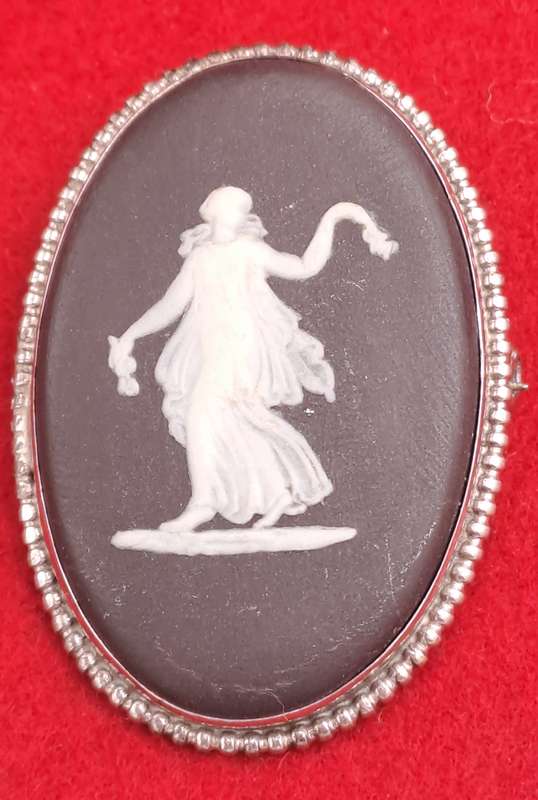 Vintage Black Wedgwood Classical Dancing Maiden Motif Brooch With Sterling Silver Frame
