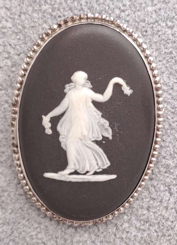 Vintage Black Wedgwood Classical Dancing Maiden Motif Brooch With Sterling Silver Frame
