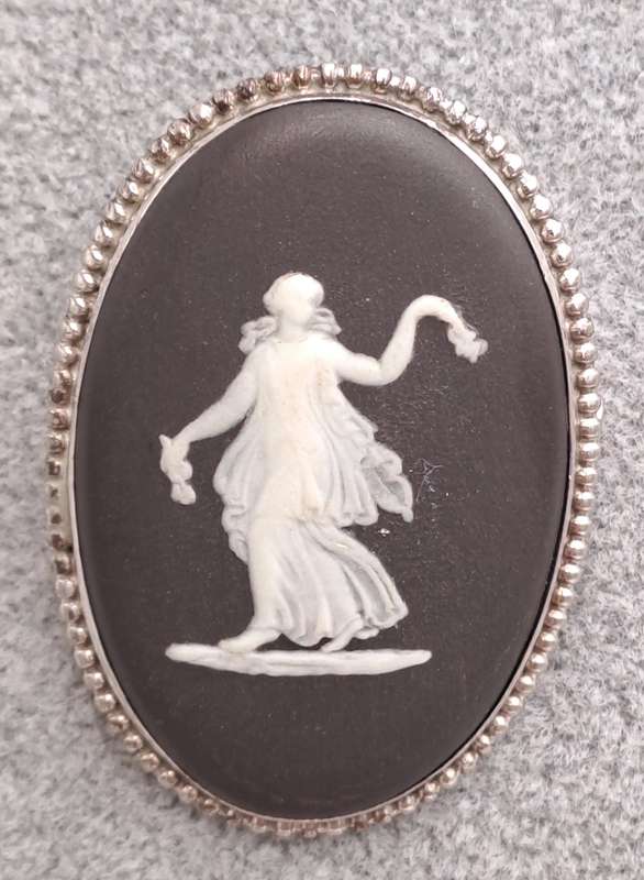 Vintage Black Wedgwood Classical Dancing Maiden Motif Brooch With Sterling Silver Frame