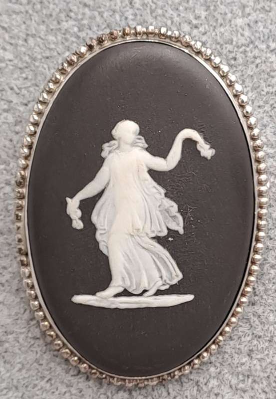 Vintage Black Wedgwood Classical Dancing Maiden Motif Brooch With Sterling Silver Frame