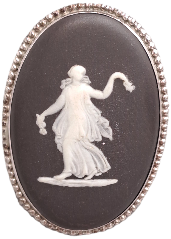Vintage Black Wedgwood Classical Dancing Maiden Motif Brooch With Sterling Silver Frame