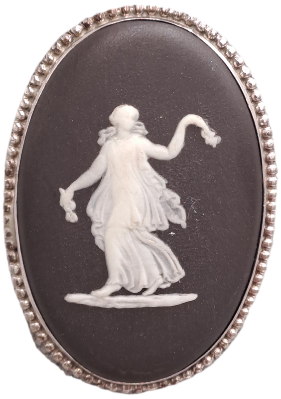 Vintage Black Wedgwood Classical Dancing Maiden Motif Brooch With Sterling Silver Frame