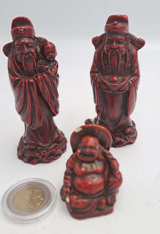 3 Red Resin Asian Oriental Chinese God Figurines -Buda is chipped