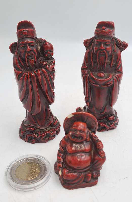 3 Red Resin Asian Oriental Chinese God Figurines -Buda is chipped