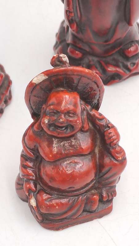 3 Red Resin Asian Oriental Chinese God Figurines -Buda is chipped