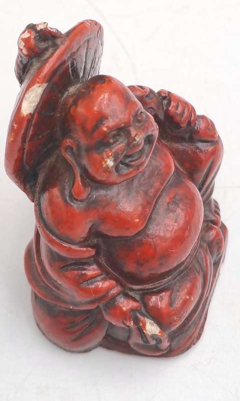 3 Red Resin Asian Oriental Chinese God Figurines -Buda is chipped