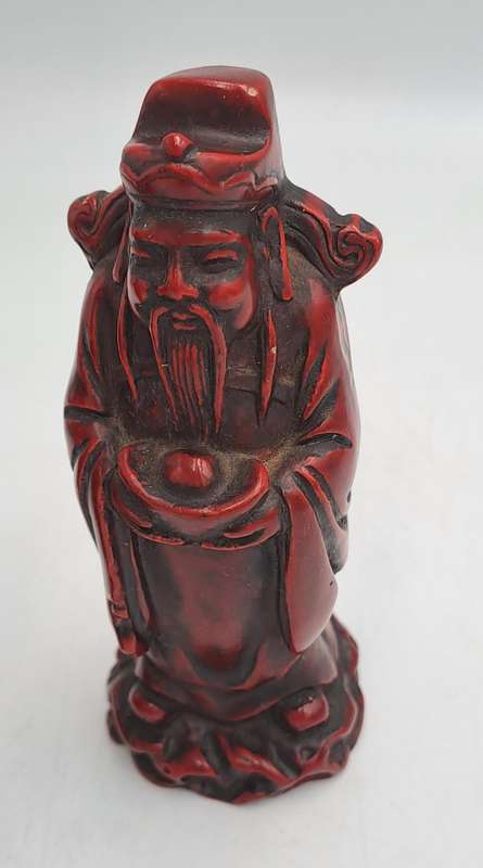 3 Red Resin Asian Oriental Chinese God Figurines -Buda is chipped