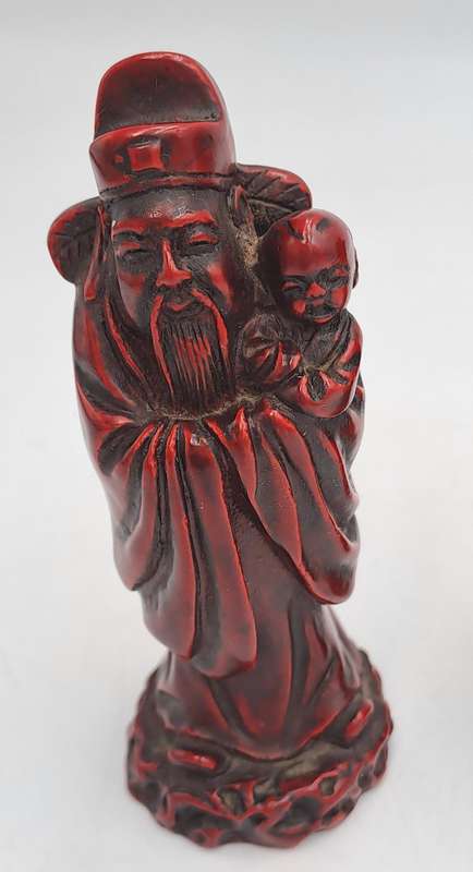 3 Red Resin Asian Oriental Chinese God Figurines -Buda is chipped