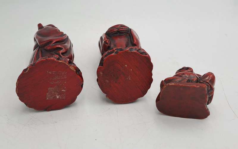 3 Red Resin Asian Oriental Chinese God Figurines -Buda is chipped