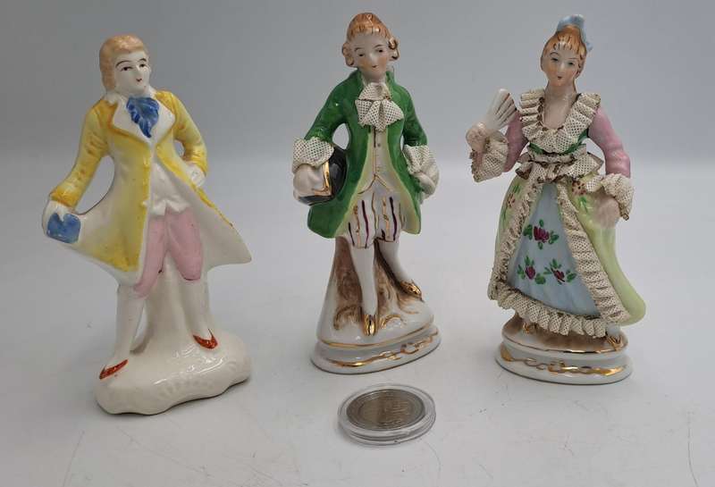 3 Vintage Porcelain Figurines possible made in Occupied Japan(one repaired)