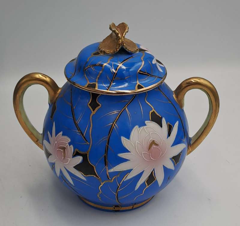 24pc Blue,White and Gold Bone China teaset one cup Missing -5 full trios