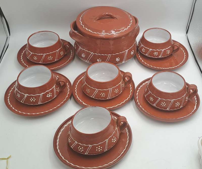 14 Pc Terracotta Finished Ceramic Soup Set Pot with 6 Cups with Saucers