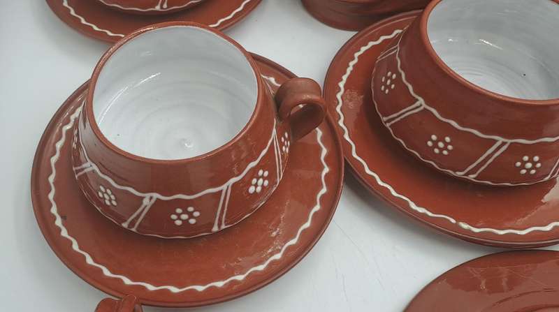14 Pc Terracotta Finished Ceramic Soup Set Pot with 6 Cups with Saucers