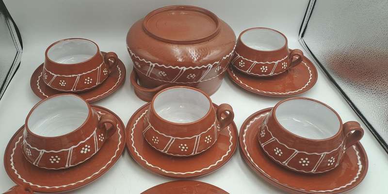 14 Pc Terracotta Finished Ceramic Soup Set Pot with 6 Cups with Saucers