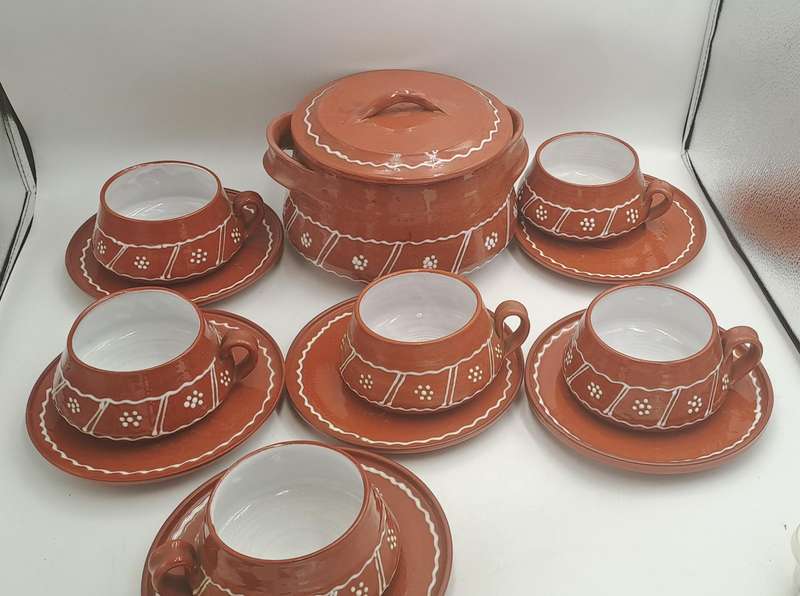 14 Pc Terracotta Finished Ceramic Soup Set Pot with 6 Cups with Saucers