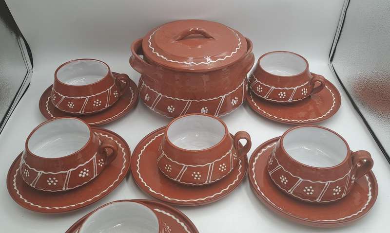 14 Pc Terracotta Finished Ceramic Soup Set Pot with 6 Cups with Saucers