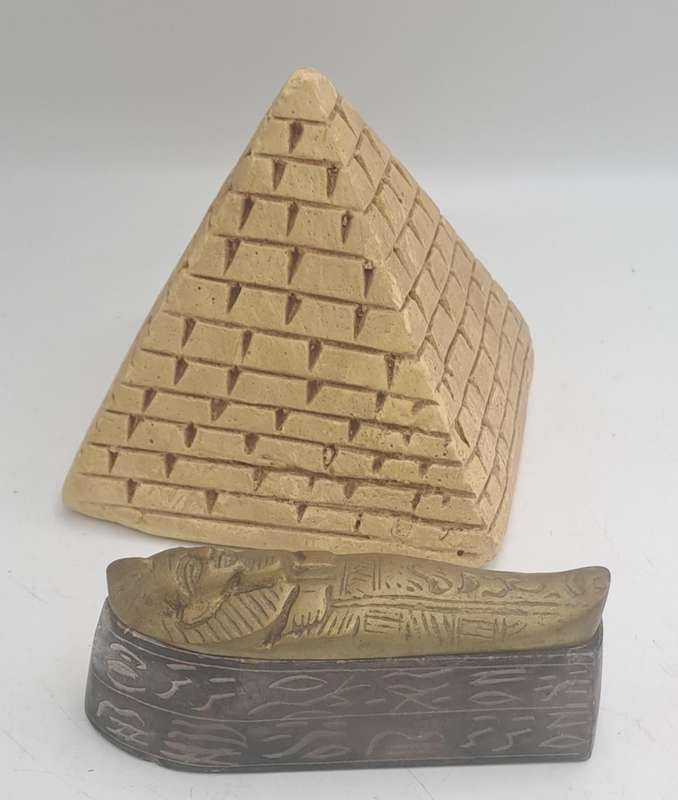 Vintage Soap Stone and Brass Mummy Sarcophagus and Soap Stone Pyramid figurines