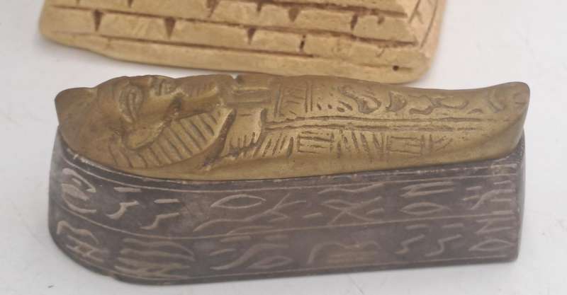 Vintage Soap Stone and Brass Mummy Sarcophagus and Soap Stone Pyramid figurines