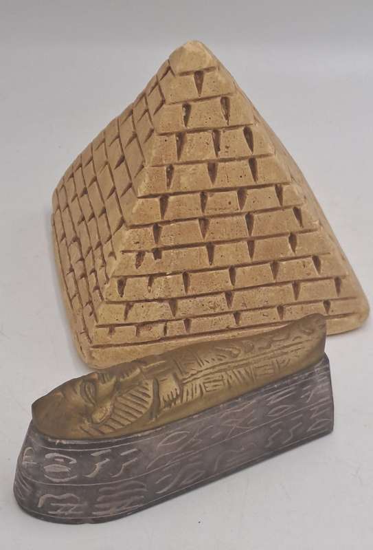 Vintage Soap Stone and Brass Mummy Sarcophagus and Soap Stone Pyramid figurines