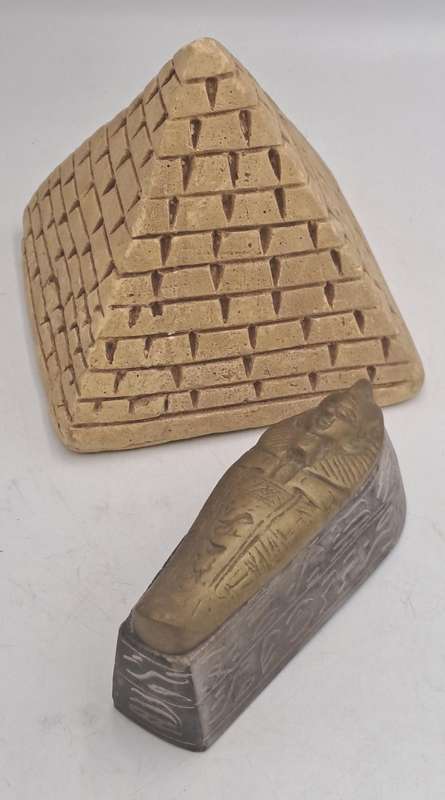 Vintage Soap Stone and Brass Mummy Sarcophagus and Soap Stone Pyramid figurines
