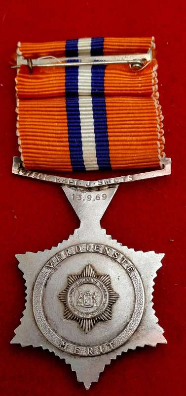 1969 South African Police .925 Silver Star for Merit Full-Size Medal  Issued to 19750K Kapt J.Smuts