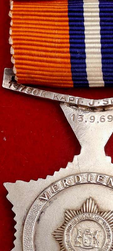 1969 South African Police .925 Silver Star for Merit Full-Size Medal  Issued to 19750K Kapt J.Smuts