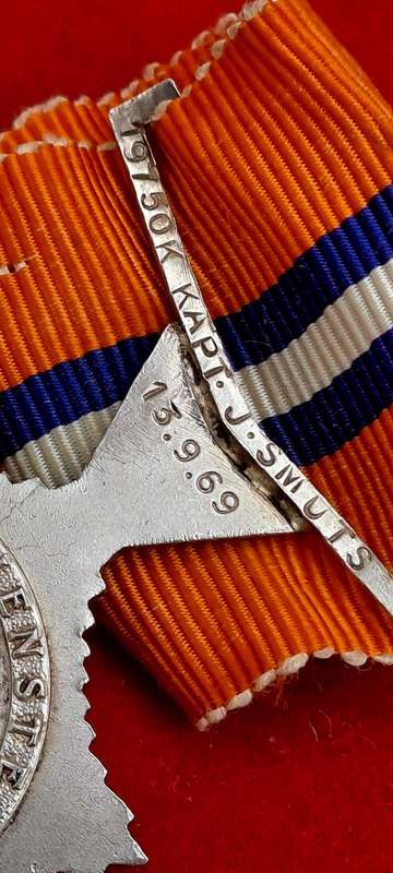 1969 South African Police .925 Silver Star for Merit Full-Size Medal  Issued to 19750K Kapt J.Smuts