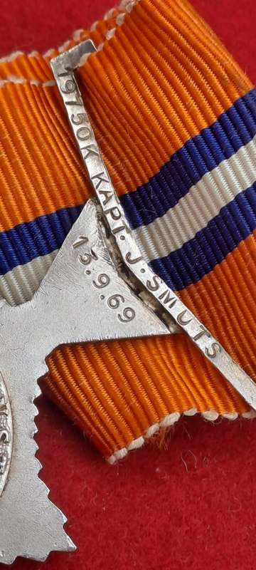 1969 South African Police .925 Silver Star for Merit Full-Size Medal  Issued to 19750K Kapt J.Smuts
