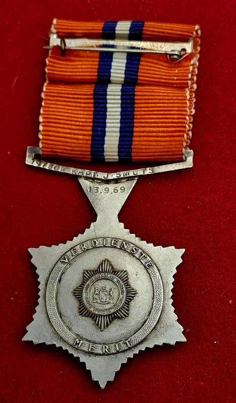 1969 South African Police .925 Silver Star for Merit Full-Size Medal  Issued to 19750K Kapt J.Smuts