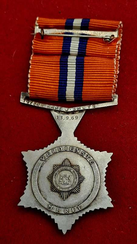 1969 South African Police .925 Silver Star for Merit Full-Size Medal  Issued to 19750K Kapt J.Smuts
