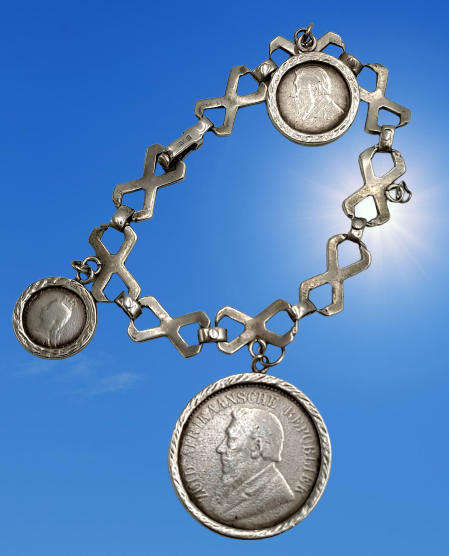 Antique Sterling Silver Bracelet with 3 Silver Coins 1896 ZAR 2½ Shillings,1896 6 Pence, UK 1888 4 P
