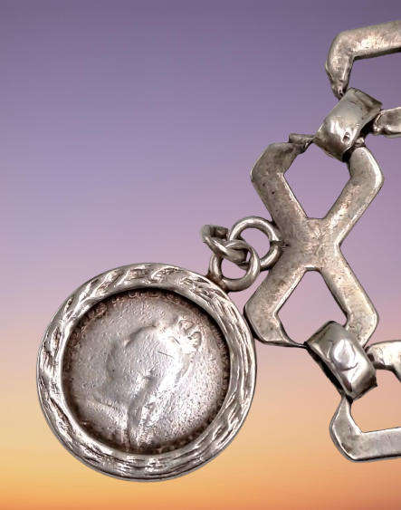 Antique Sterling Silver Bracelet with 3 Silver Coins 1896 ZAR 2½ Shillings,1896 6 Pence, UK 1888 4 P