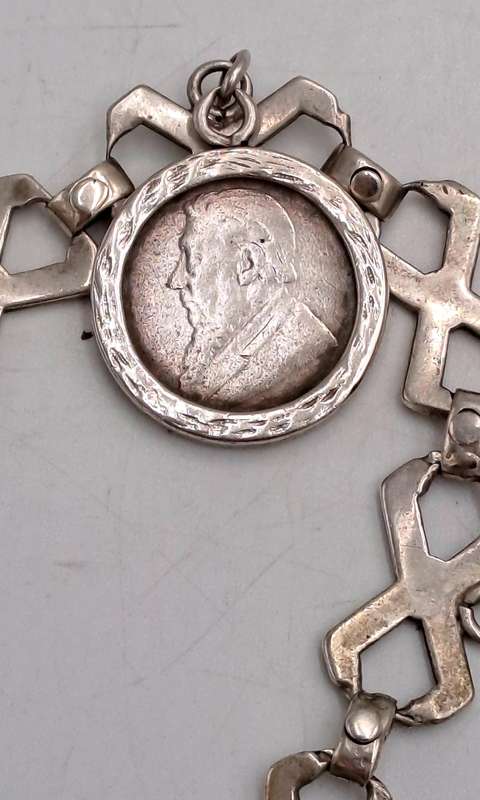 Antique Sterling Silver Bracelet with 3 Silver Coins 1896 ZAR 2½ Shillings,1896 6 Pence, UK 1888 4 P